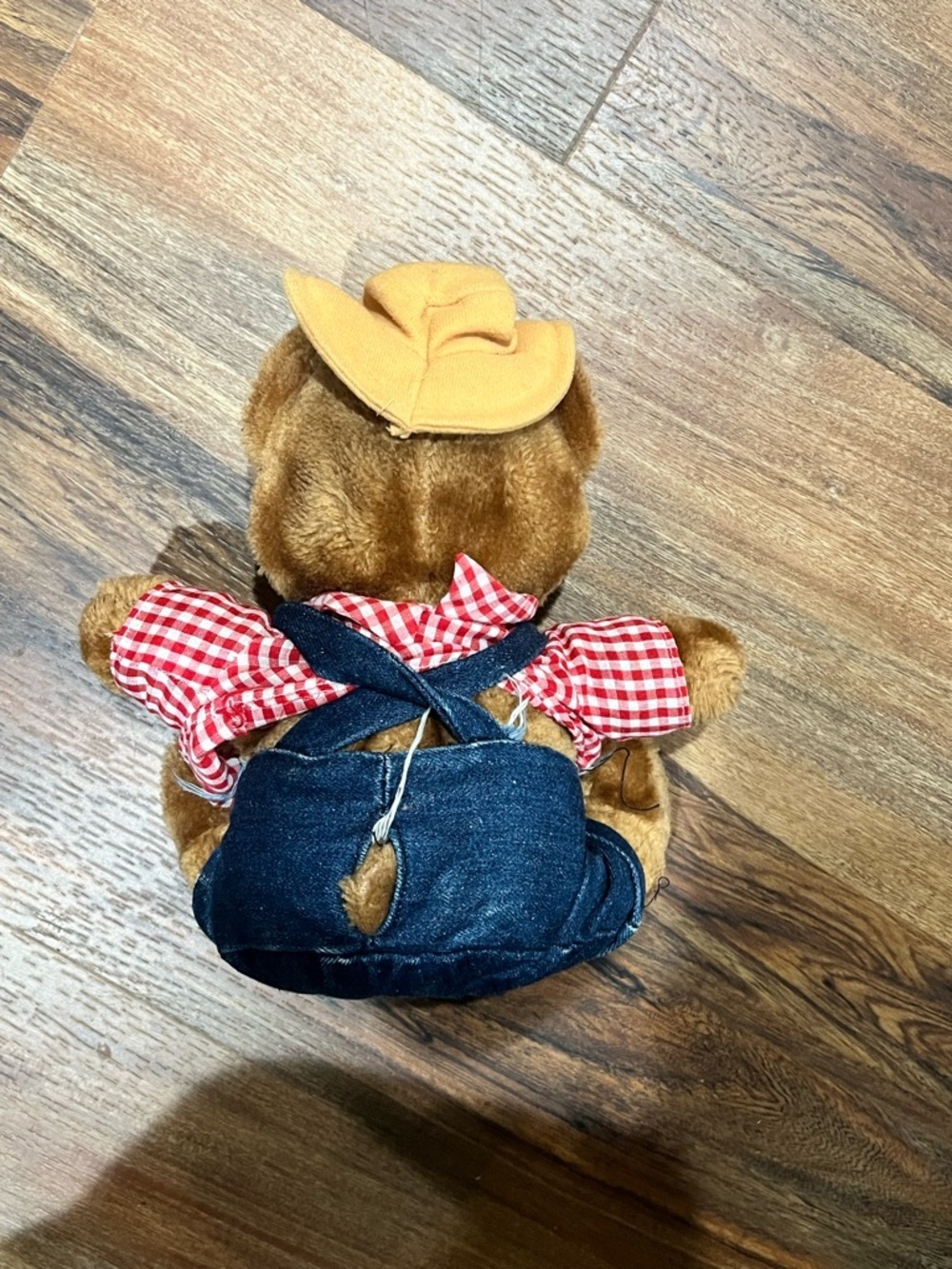 Del Monte Vintage Brown Teddy Bear in Red Plaid Shirt and Denim Overalls - Picture 2 of 2